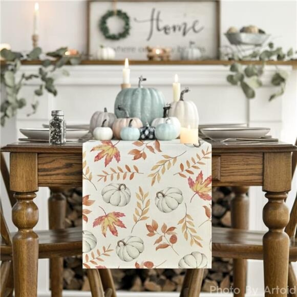 Orange Pumpkin Maple Leaf Table Runner Fall Autumn Thanksgiving Home Decor - Picture 2 of 7